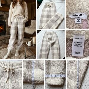 Splendid Cozy Fuzzy Plaid Lounge Pants Womens S Ivory‎ Gray Blush RPF1230